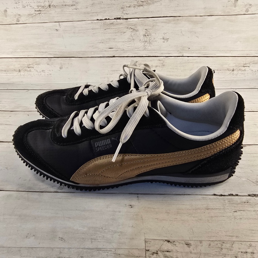 Puma Speeder Womens 9.5 Sneakers Black Gold Ripstop Suede 350448 02 - Picture 3 of 9